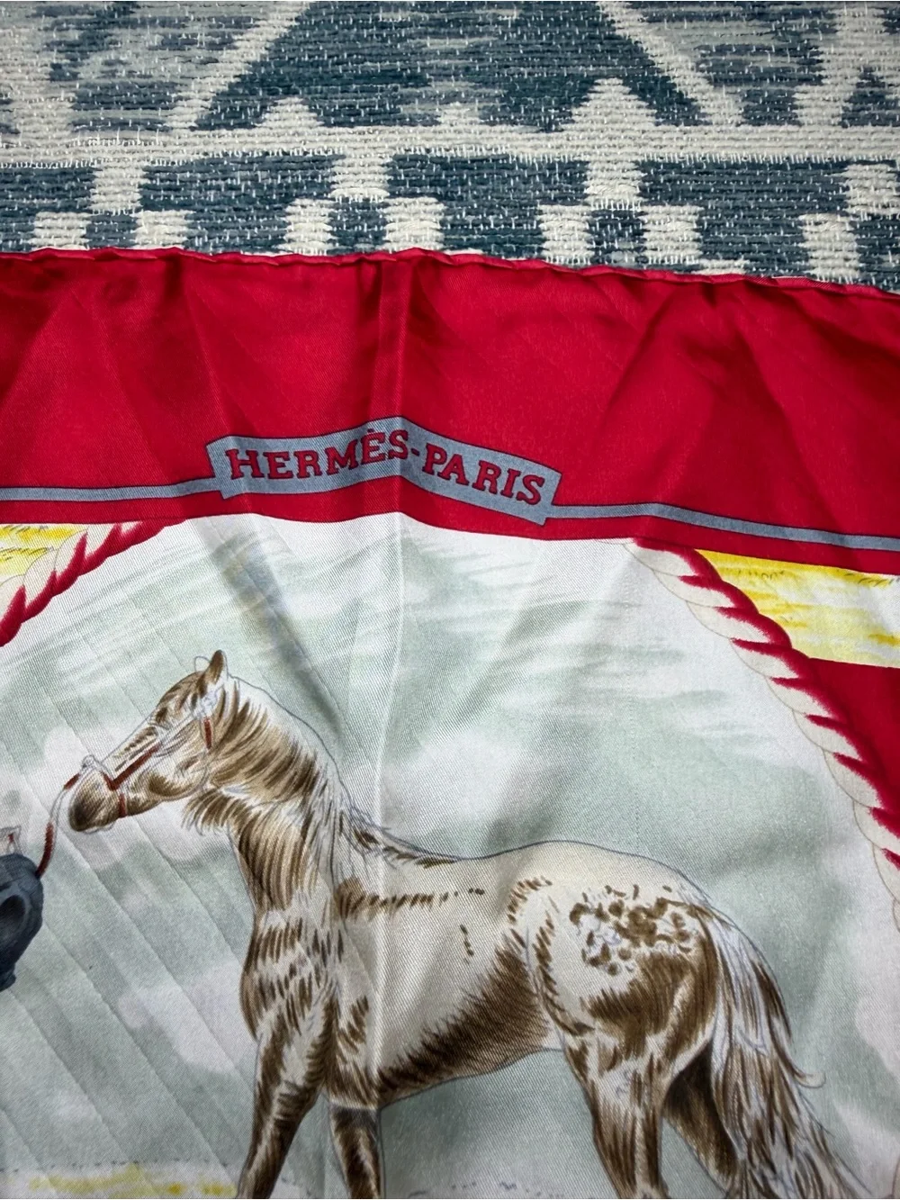 Hermes Paris Red Horse Equestrian Silk Scarf.